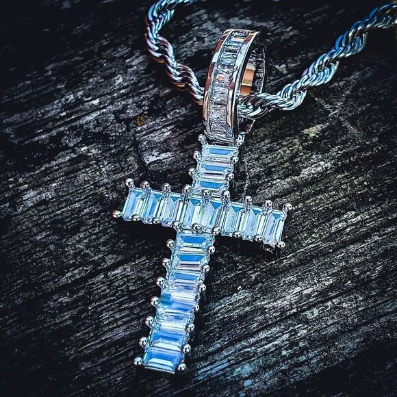Silver Baguette Iced Out Cross Necklace - Picture 1 of 3